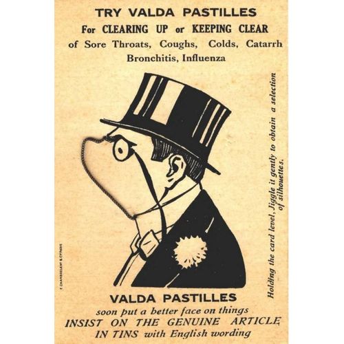 Publicité Ancienne Valda Cartonnee Avec Chaîne Mobile Au Niveau Du Nez Qui Quand Elle Est Tirée Change La Forme Su Visage De L'Homme Que Le Carton  140x 9 Cm