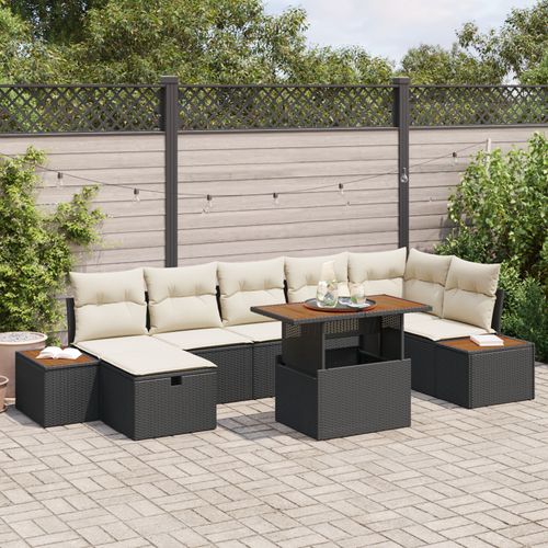 Ensemble De Sofa De Jardin 8 Pièces Avec Coussins - Rattan Poly Noir & Acacia, Sofa De Jardin 2 Places Avec Rangement & Coussins - Rattan Poly Noir