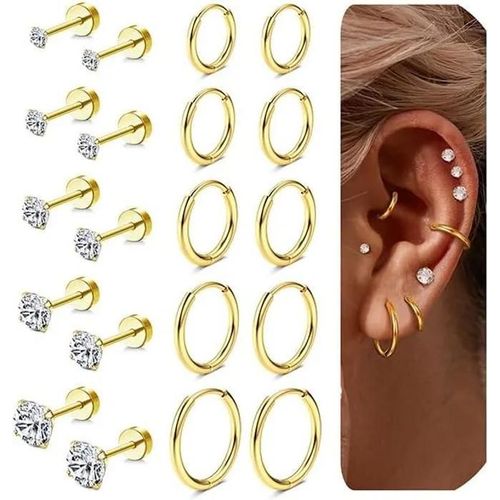 Or - 10pairs Boucles D\'oreilles Argent/Or Pour Femme Hypoallergénique Piercing Oreilles Acier Chirurgical Boucles D\'oreilles Médicale