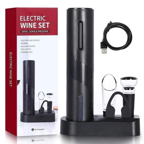 Noir - Tire Bouchon Électrique - Chargement USB - Avec Coupe-Capsule, Bouchon de Bouteille, Verseur à Vin, Base - Noir
