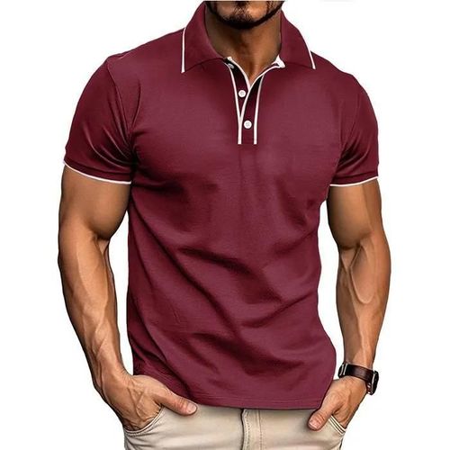 Xl - Bordeaux - Polo Homme Manches Courtes Ete Regular Fit Casual Polo Shirt Elegant Col Revers Couleur Contraste - Taille Eu - Bordeaux