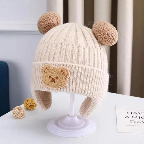 45 Cm - Beige - Chapeau De Protection D\'oreille D\'ours En Laine Pour Bébé, Tricoté Épais Et Chaud, Style Coréen, Mignon Chapeau Pour Enfants Beige