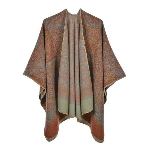 Orange, Bleu, Bleu Fonce, Noir, Bordeaux, Kaki - Poncho Femme - Aievis - Simili Laine Fleur Imprime Vintage - Chaud Hiver - Orange