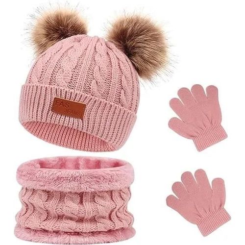 Rose - Ensemble Bonnet Écharpe Gant Fille Avec Pompon - Zgeer - Rose - Acrylique - Automne / Hiver