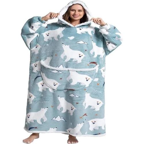 Ours Blanc Sur Fond Bleu - Adulte Sweat Plaid Extra Longue Couverture Canapé Polaire Avec Manche Femme Homme Avec Poches-Ours Blanc Sur Bleu