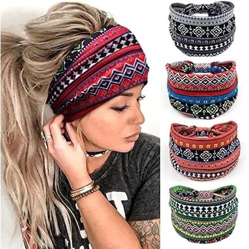 Bandeau Cheveux Femme Large,Élastique Doux Boho Bandeaux Imprimé Léopard Yoga Sport Headband Multicolore Serre-Tête Femme,4pcs 