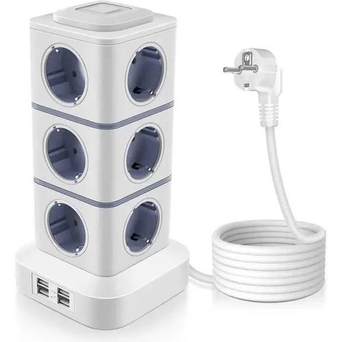 2500W Tour Multiprise Électrique,Tour Multiprise Parafoudre avec 12 Prises et 4 Ports USB,Multiprise USB-3 Interrupteurs Individuel