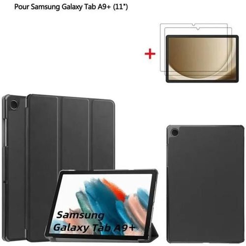 Tablette Coque Pour Samsung Galaxy Tab A9 Plus 11.0\ Noir Housse Pu Cuir Avec Film De Protection D\'écran Film Trempé 2 Pack