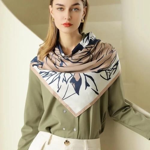 Bleu - Foulard Grande Carré Satiné Femme Écharpe Châle Floral Imprimé Elégant - Bleu