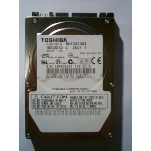Toshiba MK8032GSX - Disque dur - 80 Go - interne - 2.5" - SATA 1.5Gb/s - 5400 tours/min - mémoire tampon : 8 Mo