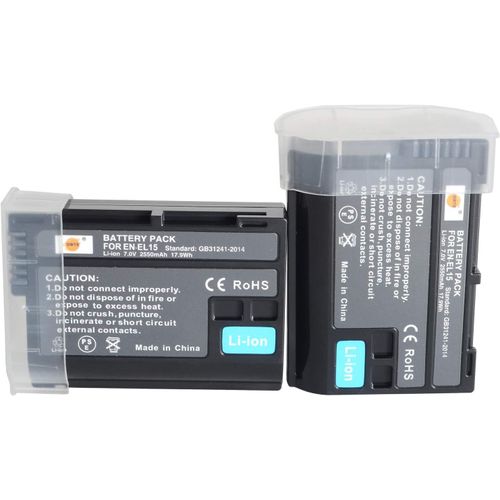 EN-EL15 Lot de 2 batteries de rechange, compatibles avec Nikon 1 V1, D7200, D7100, D750, D600, D7000, D800E, D810A, poignée de batterie MB-D11, MB-D12, MB-D15, MB-D17