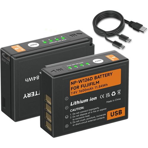 Pack de 2 Batteries NP-W126S 1600 mAh USB Type-C, Compatible avec Fuji Fujifilm FinePix HS30EXR HS35EXR HS50EXR X-A1 X-E1 X-E2 X-E3 X-M1 X-Pro1 X-T1 X-T3 X-T30X-T100 X100F X100V