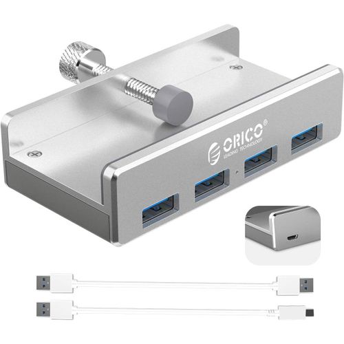 Hub Usb 3.0, 4 Data Ports Aluminium Usb Hub Clip, Multiport Type A Usb 5Gbps Haute Vitesse Avec Port D'Alimentation 5V/2A, Compatible Imac/Moniteurs/Table, Avec Câble 150Cm[HUB6110384]