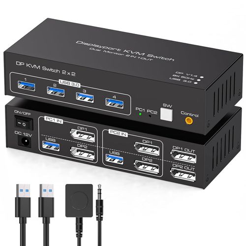 Commutateurs Kvm 8K60Hz Displayport Kvm Switch 2 Pc 2 Monitor Usb3.0 Dual Moniteurs Pour Partageant Dual Ordinateurs Et 4 Ports Usb 3.0 Supportant Le Mode Copie & Extension 2-Câble[HUB6110189]