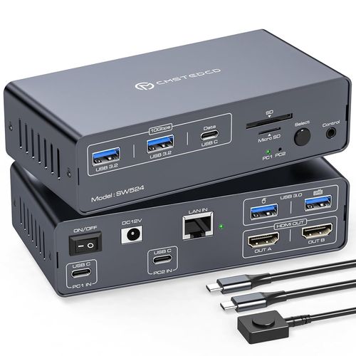 Usb C Kvm Docking Station 4K60Hz Hdmi Kvm Switch 2 Pc 2 Monitor Edid 12-In-1 Pour Deux Ordinateurs Portables Partageant Un 1G Ethernet 5 Périphériques Usb A/C & Slots Pour Cartes S[HUB6110227]