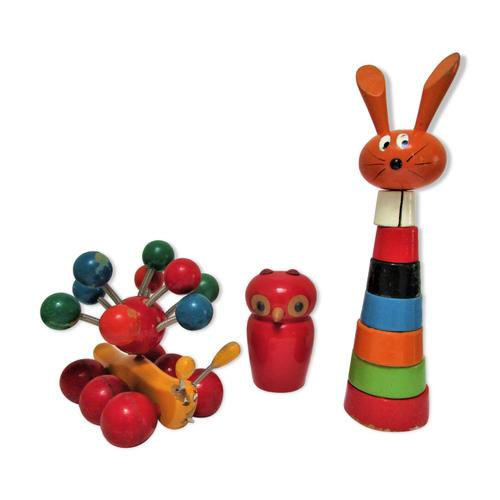 Trois Jouets Bois Chouette Escargot Lapin Design Vintage Fmf Kouvalias Multicolore