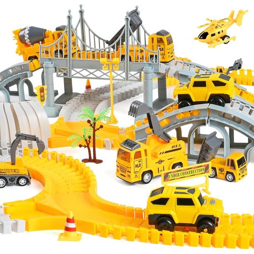 anwxai-345 Pièces Circuit Voiture Enfant Pelleteuse,Ensemble De Circuit Flexible Avec 7 Véhicules De Construction Et 2 Voitures Electriques,Jeux Enfant Cadeau 3 4 5 6 Ans Garçon