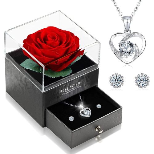 anwxai-Eternal Véritable Rose Éternelle Avec Collier Et Boucles D'Oreilles Écrin Cadeau Fleur Eternal Fait À LaMain Boîte Cadeau Pour FemmeMère S?ur Pour La Saint Valentin,Un Anniversaire,Noël