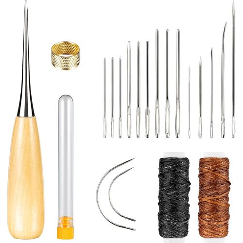 meimieshop-20 Pièces Aiguilles Couture Cuir Kit Reparation Cuir Aiguille Cuir Poincon Couture Fil Ciré,Pour La Réparation Du Cuir,Des Chaussures,Des Ceintures,Des Sacs Et Des Sièges De Voiture
