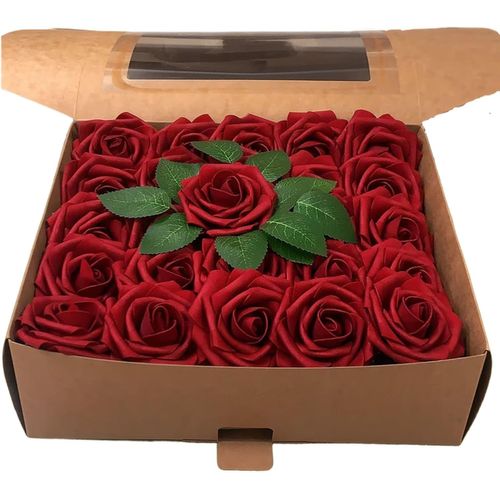 meimieshop-50 Pièces Roses Artificielles,Faux Rose Avec Feuille Et Tige Ajustable,Fausses Roses Fleurs Artificielles En Mousse Au Toucher Réaliste(50 Pcs Rouge)