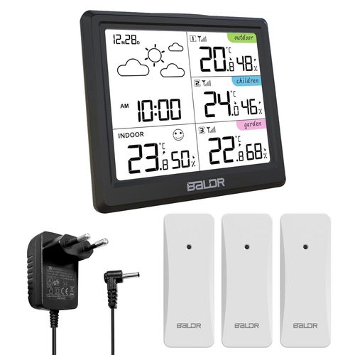 meimieshop-Station Météo Sans Fil,Thermomètre Hygromètre Baromètre Intérieure Extérieure Avec 3 Capteursled Ecran Rétro-Éclairage Horloge Numérique Alarme Et Snooze Affichage Heure Date Jour Noir