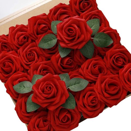 Meimieshop-60 Pcs Roses Artificielles Fleurs Réelles À La Recherche De Faux Roses Mousse Artificielle Roses Décoration Diy Pour Bouquets De Mariage Centres De Table,Arrangements Décorations De Fête(Rouge)