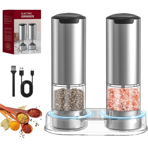meimieshop-Set Moulin A Poivre Electrique,Salieres Et Poivrieres Automatique En Acier Inoxydable,Finesse De Broyage Réglable,2 Pièces