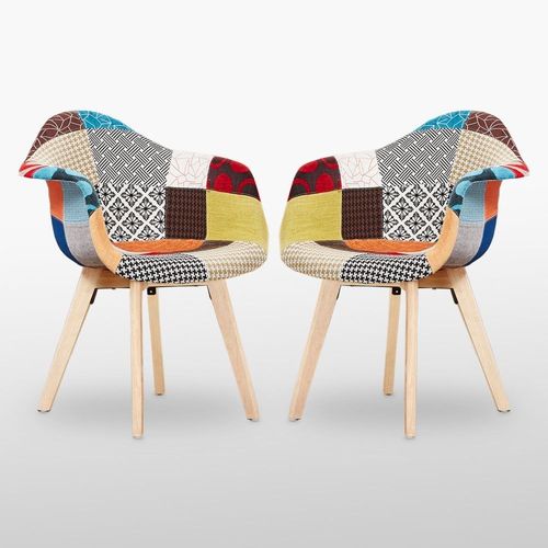Ensemble De 2 Chaises De Baignoire En Tissu Patchwork - Design Scandinave - Accoudoirs - Salle À Manger, Salon, Bureau - Intérieur De La Vie De Style Rétro