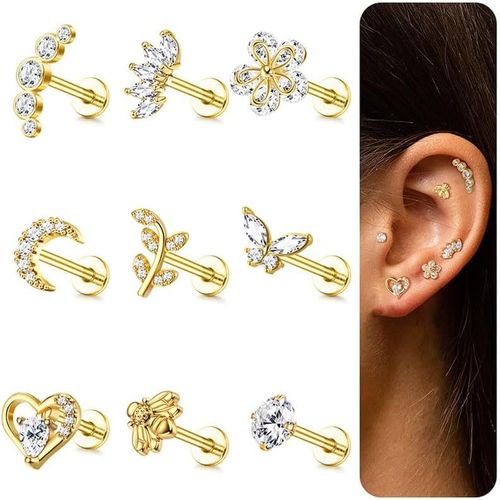 Yemaesre-9pcs 16g Cartilage Boucles D'oreilles Pour Femmes Tragus Helix Boucles D'oreilles Filetage Interne Labret Cz Boucles D'oreilles Papillon Lune Or Argent Boucles D'oreilles Piercing Pour Femme