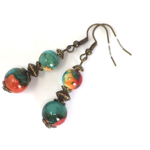 Yemaesre-Boucles D'oreilles Pendantes Style Vintage En Perles De Jade Blanc Naturel Teinté Bleu, Marron Et Orange