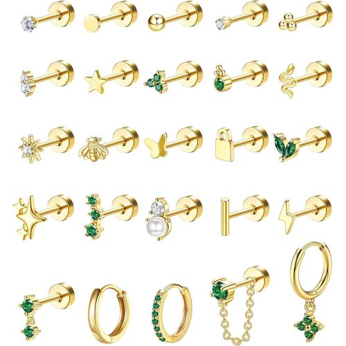 Yemaesre-25 Pcs Boucles D'oreilles Femme Bijoux Acier Inoxydable Plaqué Or 14k Oreille Piercing Cartilage Boucles D'oreilles Creoles Piercing Tragus Conch Lobe Helix Piercing Or Argent