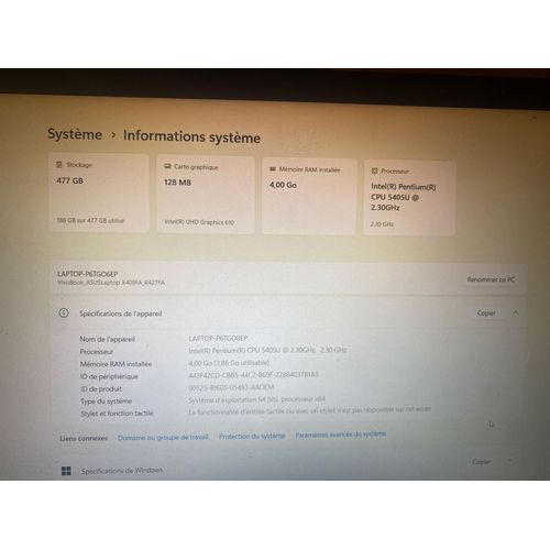 Asus VivoBook Laptop X409FA_R427FA - 14" Intel Pentium 5405U - 2.3 Ghz - Ram 4 Go - DD 480 Go