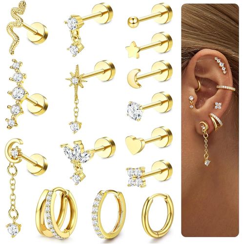 Yemaesre-15 Pcs Piercing Helix Boucles D'oreilles Femme Acier Chirurgical Piercing Oreille Cartilage Boucles D'oreilles Pendantes Creoles Tragus Piercing Anneaux Conch Lobe Helix Piercing Or Argent