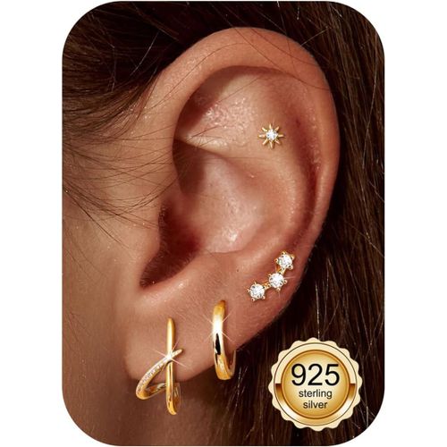 Yemaesre-4 Paires Boucles D'oreilles Or Femmes Boucles D'oreilles Argent Sterling 925 Créoles Or 14 Carats Hypoallergénique Diamant Cz Minimaliste Simple Cartilage Tragus Helix Piercing Oreille