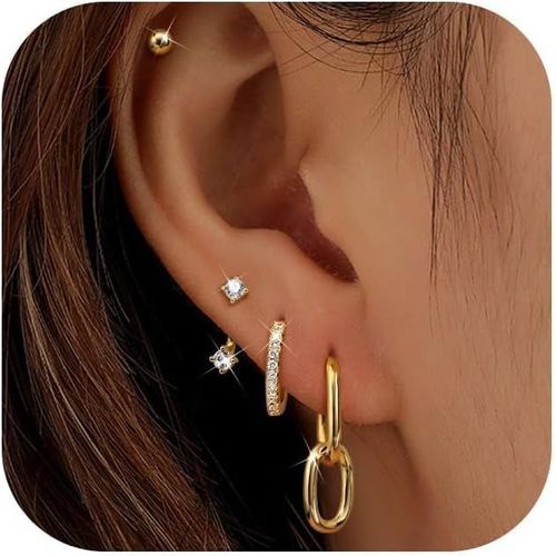 Yemaesre-4paires Boucles D'oreilles Remplie D'or 14 Carats Pour Femmes,Boucles D'oreilles Créoles Acier Inoxydable,Argent Or Piercing Tragus Helix Cartilage Pour Plusieurs Piercing Oreille