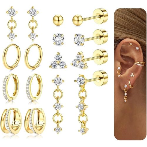 Yemaesre-8 Paires Boucles D'oreilles Femme Acier Inoxydable Piercing Oreille Tragus Helix Piercings Creoles Argent Boucles D'oreilles Femme Or Hypoallergénique Helix Conch Tragus Piercing Oreille