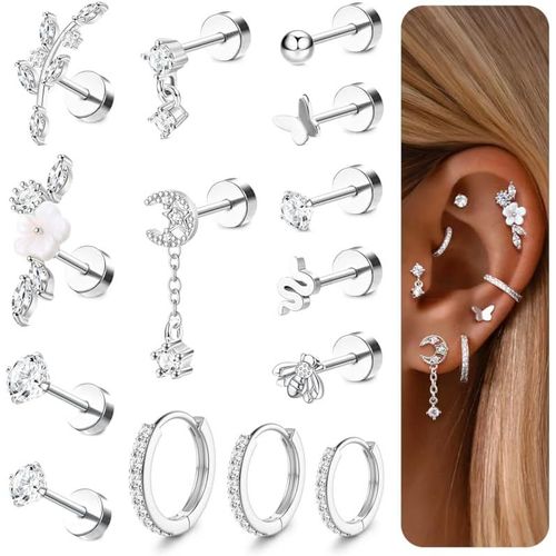 Yemaesre-12/14pcs 16g Piercing Oreille Acier Inoxydable Boucles D'oreilles Femme Oreille Piercing Helix Or Argent Boucles D'oreilles Creoles Piercings Conch Daith Cartilage Piercings Tragus