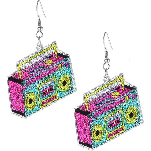 Yemaesre-Boucles D'oreilles Rétro Avec Ruban Cassette - Boucles D'oreilles Néon Des Années 80 - Pour Femme - En Acrylique - Pour Fête À Thème - Costume Des Années 80 - Pour Femme Et Fille, 4 X 3.5cm,