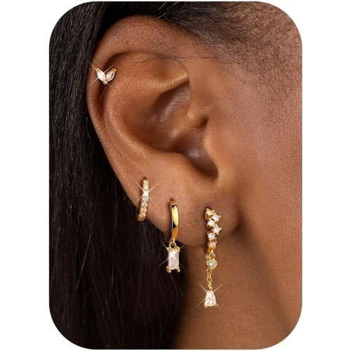 Yemaesre-3/4 Paires Boucles D'oreilles Femmes,Boucles D'oreilles Créoles Acier Inoxydable,Remplie D'or 14 Carats Pour Plusieurs Piercings Oreille Fleur Lune Zircon Piercing Tragus Helix Argent Or