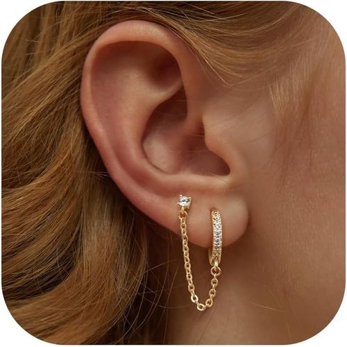 Yemaesre-Boucles D'oreilles Argent 925 Pour Femme Plaquée Or 14 Carats Dangle Chaîne Boucles D'oreilles, Double Creoles Or/Argent Pour Plusieurs Piercings Oreille Helix Tragus Piercing Bijoux