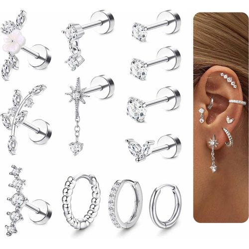 Yemaesre-12pcs 16g Piercing Helix Boucles D'oreilles Femme Acier Inoxydable Oreille Piercing Cartilage Or Argent Boucles D'oreilles Creoles Piercing Conch Fleur Oreille Piercing Helix Piercing Tragus