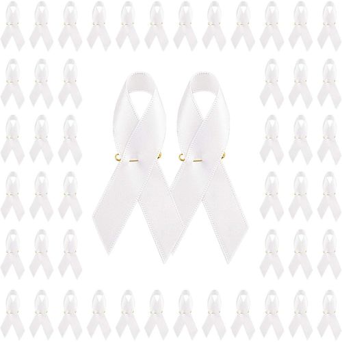 Yemaesre-Lot De 100 Broches En Forme De Ruban En Satin - Pour Sensibilisation Au Cancer Du Poumon, Au Cancer Des Os, À La Cécité, Aux Victimes Du Terrorisme Et À L'adoption - 7,5 X 4 Cm - Blanc