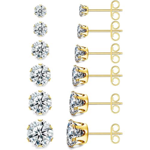 Yemaesre-6 Paires Boucle D'oreille Acier Inoxydable Zircone Cubique Clous D'oreilles Argent Or Piercing Oreille Cartilage Hélix Tragus Pour Homme Femme, 3-8mm