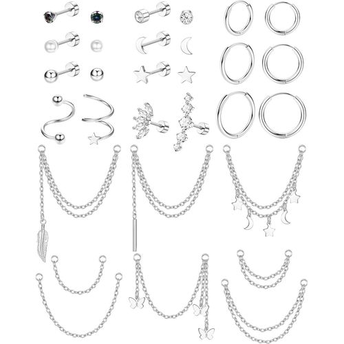 Yemaesre-20g Oreille Piercing Pour Femme Petites Cartilage Boucles D'oreilles Créoles En Acier Inoxydable Tragus Helix Lune Étoile Cz Conque Piercing Bijoux Avec Chaîne Pendantes Or/Argent