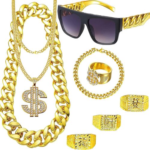 Yemaesre-8 Pouces Dégu Ment Rappeur, Chaine Or Homme, Accessoire Annee 80/90, Hip Hop Chaîne En Or Hommes Gangster Gang Lunettes De Soleil Chaîne Pour Concerts De Rap