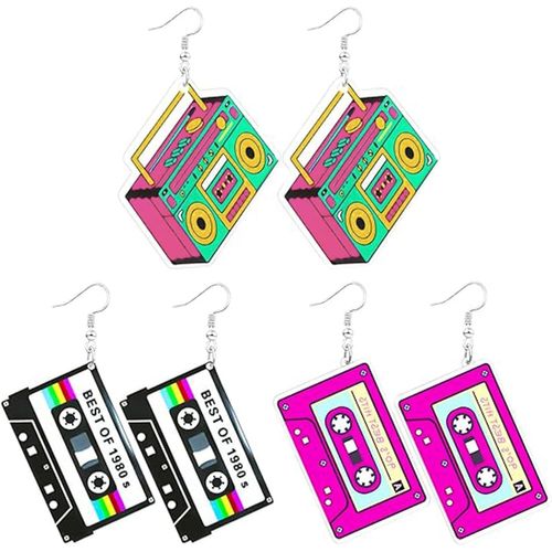 Yemaesre-Lot De 3 Paires De Boucles D'oreilles Néon Des Années 80 Et 90 Pour Femme - Grandes Boucles D'oreilles Pendantes Rétro En Forme De Cassette - En Acrylique - Pour Tenues De Costume Des