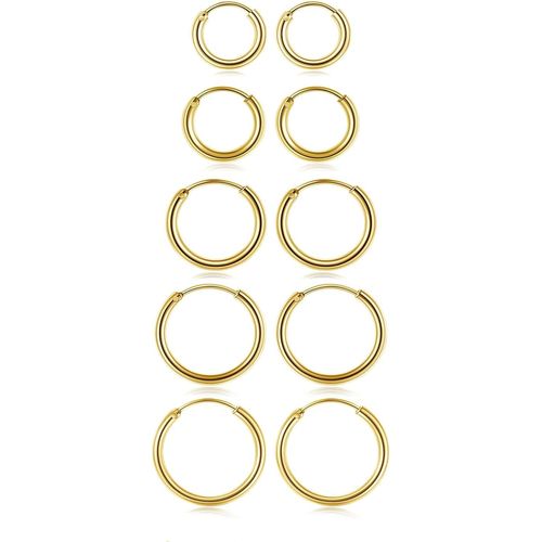 Yemaesre-5paires Boucles D'oreilles Créoles Anneaux Acier Inoxydable Piercings Tragus Hélix Cartilage Homme Femme Cerceau Rond Clous Bijoux De Corps 8mm-16mm, Argent Doré Noir Rose Or