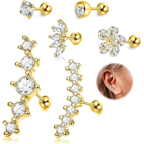 Yemaesre-6 Pcs En Acier Inoxydable Argent Cartilage Oreille Boucles D'oreilles Pour Femmes Filles Tragus Helix Boucles D'oreilles Fleur Conque Dos Plat Bijoux Piercing 16g