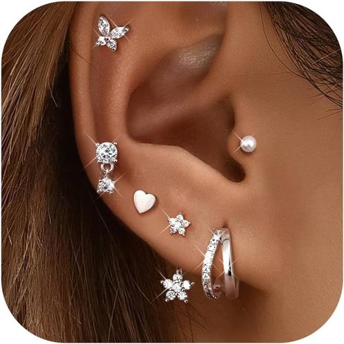 Yemaesre-6 Paires Boucles Doreilles Pour Femme Tendance Étoile Coeur Zirconium Boucle Doreille Argent/Or Empilables Clou D'oreilles Petites Boucles Doreilles Créoles Pour Plusieurs Piercings