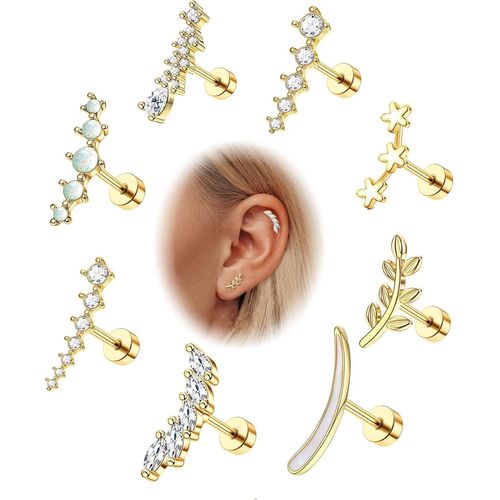 Yemaesre-8pcs 16g Helix Piercing Pour Femme Acier Chirurgical Boucle D'oreille Tragus Opale Cz Feuille Barre Oreille Piercing Conque Cartilage Tragus Piercing Bijoux Argent/Or